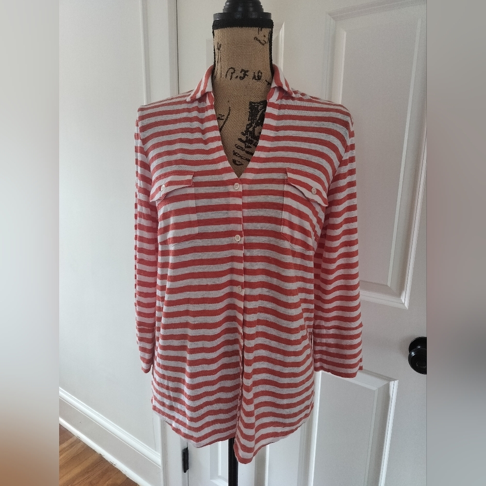 J.Mclaughlin Orange Blue And White Striped Button-Up Shirt Size M (2 Piece)